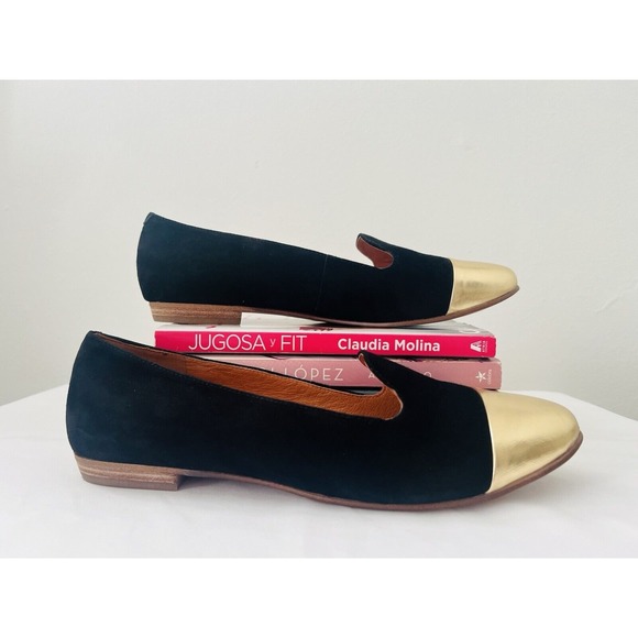 MADEWELL Womens Black Gold Cap-Toe Pointed Smoking Loafers‎ Flats Shoes Size 10 - Picture 1 of 9